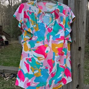 Women's Multicolor Flutter Sleeve Top - Pink, Teal & Yellow